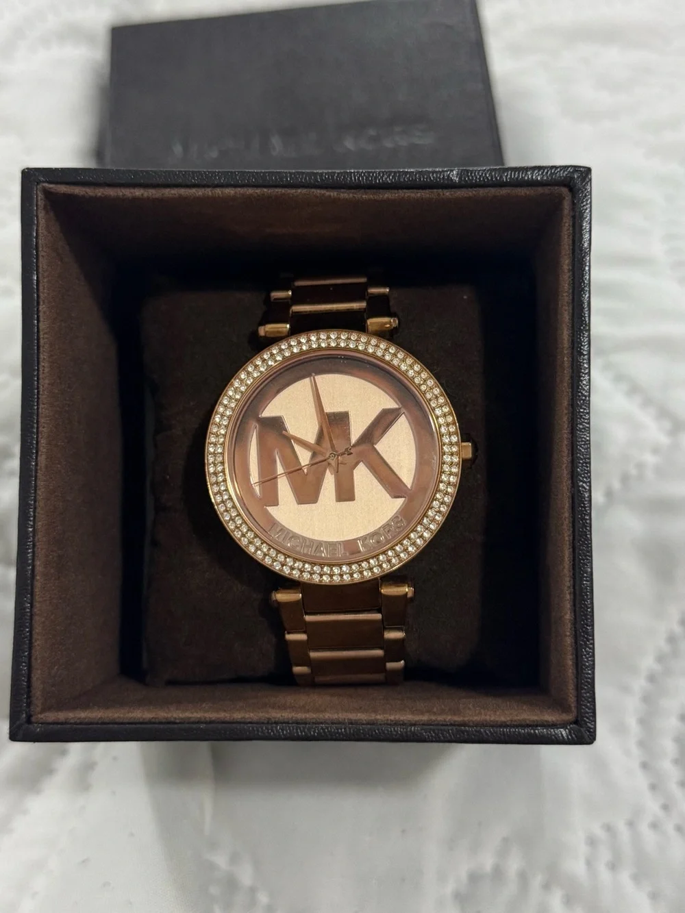 Michael Kors Rose Gold Logo Crystal Bezel Bracelet Watch